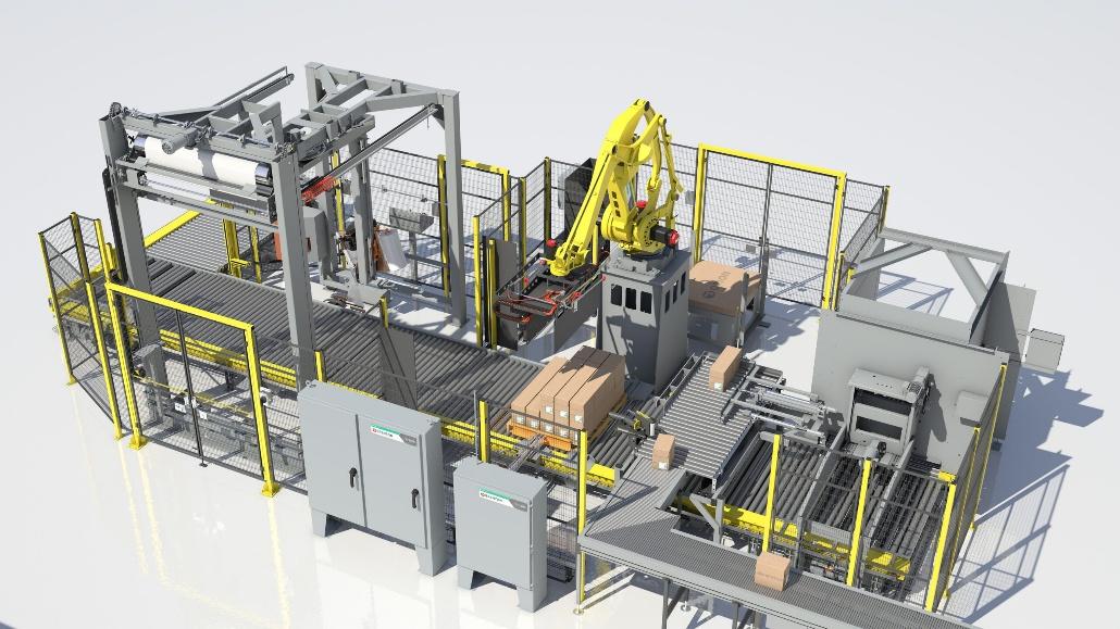 Rendering of a fenced robotic palletizing cell with cartons and conveyors