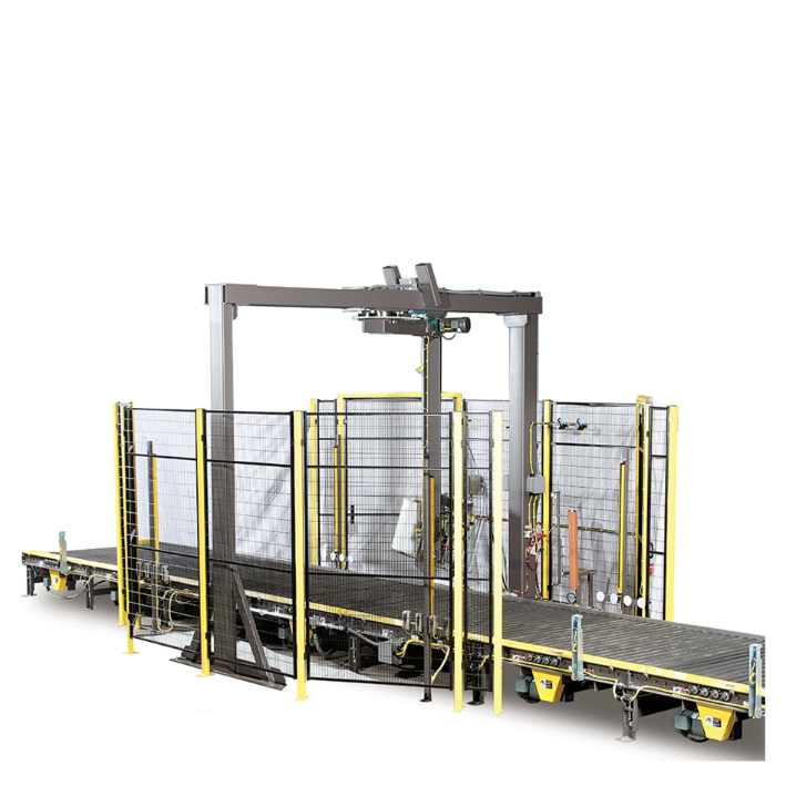 Rendering of a stretch-wrapping system with safety fencing and pallet conveyor