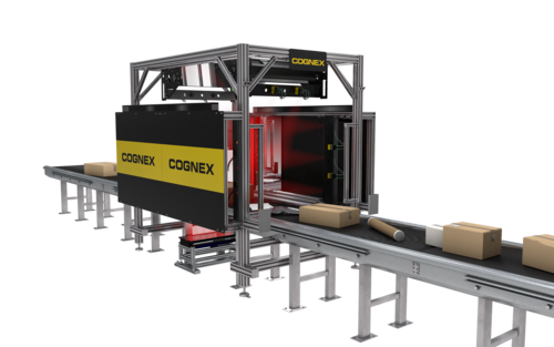Cognex scanning tunnel surrounding a conveyor carrying cartons
