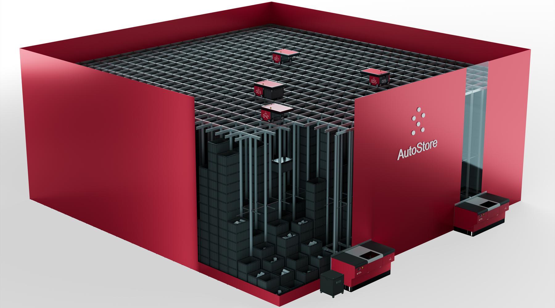 Cutaway rendering of an AutoStore cube storage system with grid-top robots